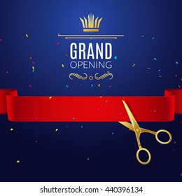Grand Opening design template with ribbon and scissors. Grand open ribbon cut concept