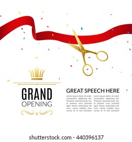 Grand Opening design template with ribbon and scissors. Grand open ribbon cut business start-up banner concept