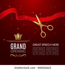 Grand Opening design template with ribbon and scissors. Grand open ribbon cut concept