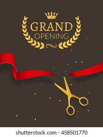 Grand Opening design template with ribbon and scissors. 