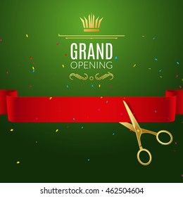 Grand Opening design template with ribbon and scissors. Grand open ribbon cut concept