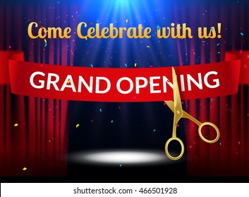 Grand Opening design template with ribbon and scissors. Grand open ribbon cut invitation with red curtains and stage lights.