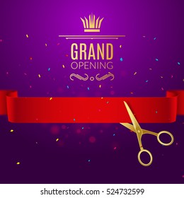 Grand Opening design template with ribbon and scissors. Grand open ribbon cut concept.