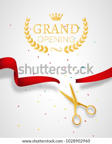Grand Opening design template with ribbon and scissors. Grand open ribbon cut concept