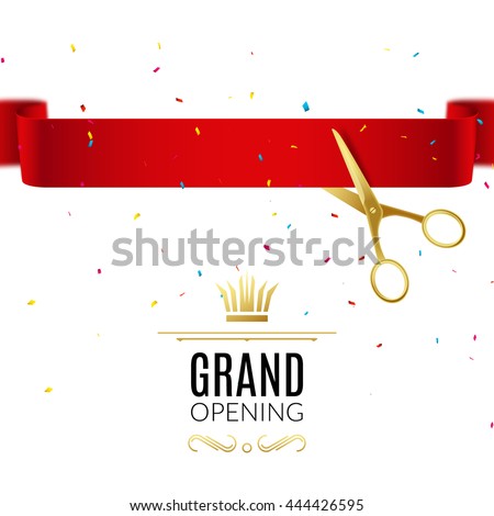 Grand Opening design template with ribbon and scissors. Grand open ribbon cut concept