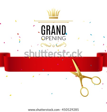 Grand Opening design template with ribbon and scissors. Grand open ribbon cut concept