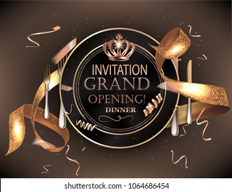 Grand opening dinner invitation card with cold confetti, plate and cutlery. Vector illustration