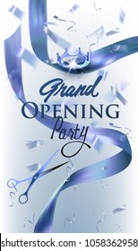 Grand opening elegand invitation card with flying confetti and silk ribbons, scissors and crown. Vector illustration