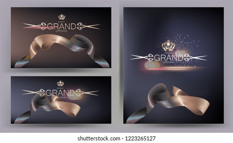 Grand opening elegant banners with two colored levitating ribbons. Vector illustration