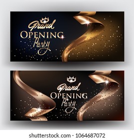 Grand Opening elegant invitation cards with gold ribbons and gold dust. Vector illustration