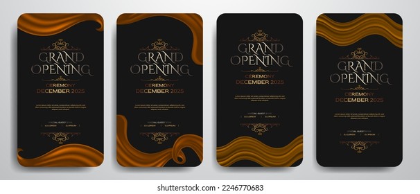 Grand opening elegant luxury banner social media story template with red curtain, silk swirl, black background
