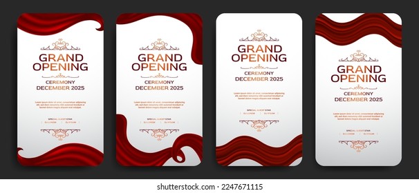 Grand opening elegant luxury banner social media story template with red curtain, silk swirl, white background