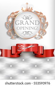 Grand Opening elegant vintage card with leather texture, red ribbon, scissors and frame. Vector illustration