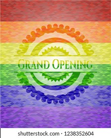 Grand Opening emblem on mosaic background with the colors of the LGBT flag
