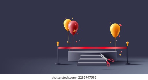 Grand opening event 3d black composition with red ribbon with scissors and pedestal for product placement and red and yellow balloons