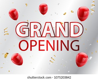 Grand opening event design gold confetti red balloons, vector illustration. Confetti and ribbons, Celebration background template with.