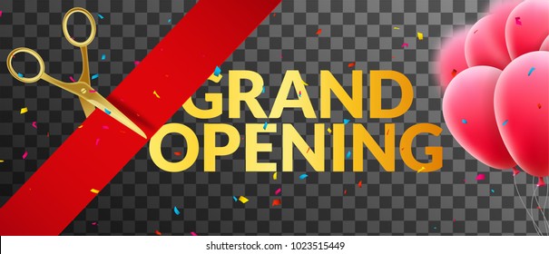 Grand Opening event invitation banner with balloons and confetti. Grand Opening poster template design isolated.