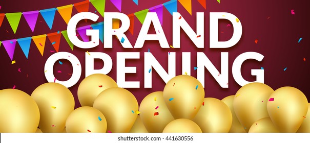 Grand Opening event invitation banner with golden balloons and confetti. Grand Opening poster template design.