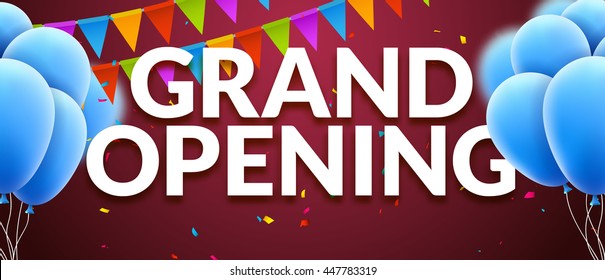 Grand Opening event invitation banner with balloons and confetti. Grand Opening poster template design.