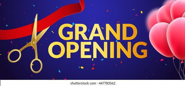 Grand Opening event invitation banner with balloons and confetti. Grand Opening poster template design.