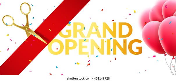 Grand Opening event invitation banner with balloons and confetti. Grand Opening poster template design.