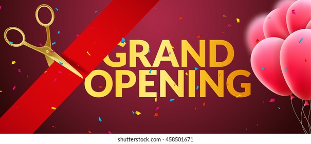 Grand Opening event invitation banner with balloons and confetti. 