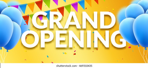 Grand Opening event invitation banner with balloons and confetti. Grand Opening poster template design.