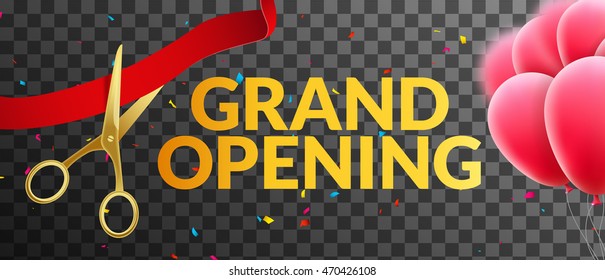 Grand Opening event invitation banner with balloons and confetti. Grand Opening poster template design on tranparent.