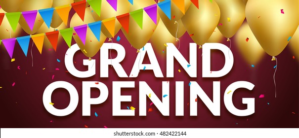 Grand Opening event invitation banner with golden balloons and confetti. 