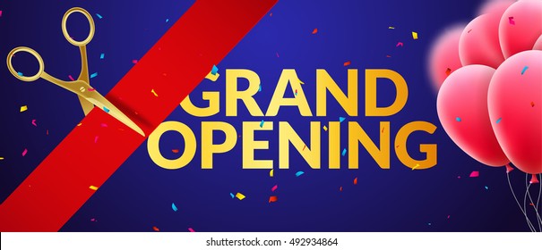 Grand Opening event invitation banner with balloons and confetti. Grand Opening poster template design.