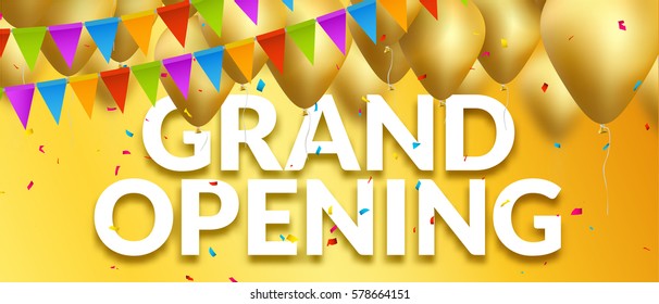 Grand Opening event invitation banner with golden balloons and confetti. Grand Opening poster template design.