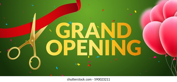 Grand Opening event invitation banner with balloons and confetti. Grand Opening poster template design