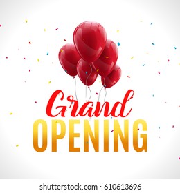 Grand Opening event invitation banner with red balloons and confetti. Grand Opening ceremony poster template design