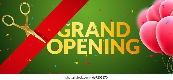 Grand Opening event invitation banner with balloons and confetti. Grand Opening poster template design.