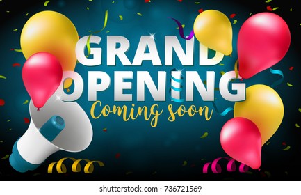 Grand Opening event invitation banner or poster design template. Vector illustration of megaphone, air balloons and confetti. Perfect to use for advertising design your web site or print publications