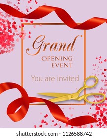 Grand opening event lettering with heart confetti and red ribbons. Opening event invitation design. Typed text, calligraphy. For leaflets, brochures, invitations, posters or banners.