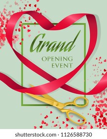 Grand opening event lettering with ribbon heart. Opening event invitation design. Typed text, calligraphy. For leaflets, brochures, invitations, posters or banners.