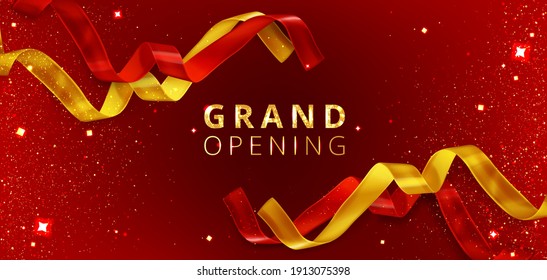 Grand Opening Event Poster With Cut Red And Golden Ribbons. Vector Banner Of Luxury Launch Ceremony With Gold Text, Confetti, Sparkles And Shiny Tapes On Red Background. Celebration Party Flyer