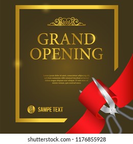 Grand Opening Event template with cutting red ribbon with scissors and golden vintage flourish ornament. Poster banner label. vector illustration.