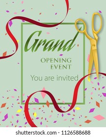 Grand opening event, you are invited lettering. Opening event invitation design. Typed text, calligraphy. For leaflets, brochures, invitations, posters or banners.