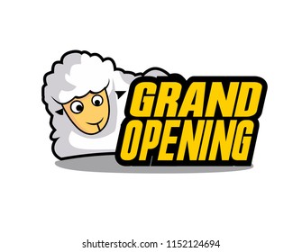 grand opening farm, beautiful greeting card or label with sheep illustration for farm theme, vector background, poster or banner