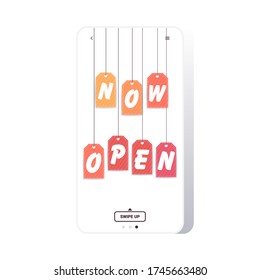 grand opening festive event invitation banner with tags welcome back big opening advertising campaign poster smartphone screen mobile app vector illustration
