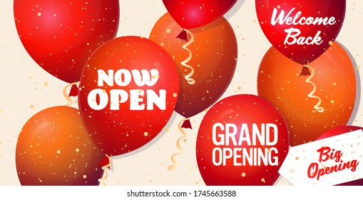 grand opening festive event invitation banner with red balloons and confetti welcome back big opening advertising campaign poster template horizontal vector illustration