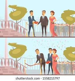 Grand opening flat vector illustrations set. VIP event, festive ceremony composition. Male character cutting red ribbon with scissors. Elegant man and woman couple, celebrities in luxury clothes