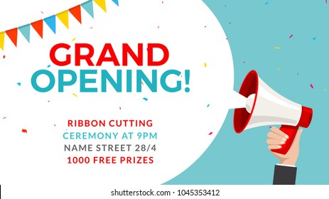 Grand opening flyer banner template. Marketing business concept with megaphone. Grand Opening advertising.