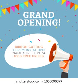 Grand opening flyer banner template. Marketing business concept with megaphone. Grand Opening advertising.