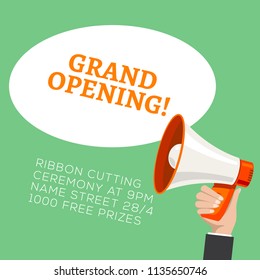 Grand opening flyer banner template. Marketing business concept with megaphone. Grand Opening advertising.