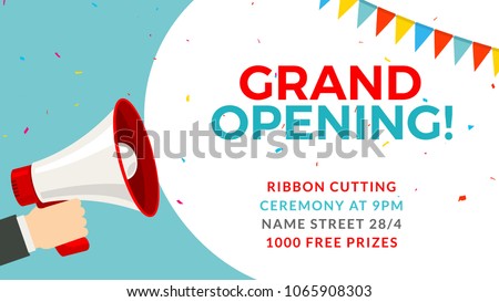 Grand opening flyer banner template. Marketing business concept with megaphone. Grand Opening advertising.