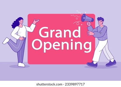 Grand opening flyer, marketing or banner background template. Grand opening event decoration party template. Woman and man with loudspeaker at grand opening banner and conffetti. cartoon illustration.