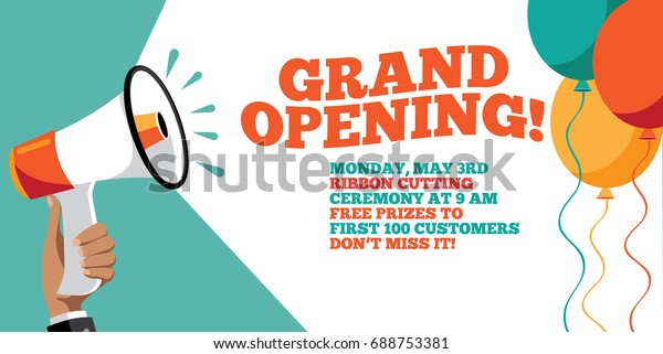 Grand opening flyer, marketing\
or banner background template with fun balloons. EPS 10\
vector.